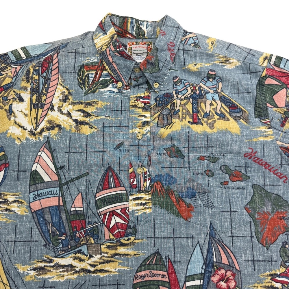 Reyn Spooner Commemorative Classics Hawaiian Shirt Mens L Sailboat Island Map